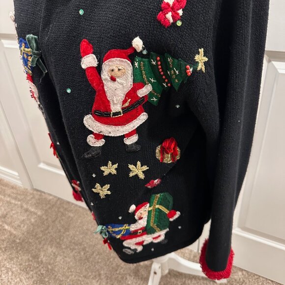 Black and red Christmas sweater with Santa, gifts, Christmas trees, embroidery - Picture 2 of 4